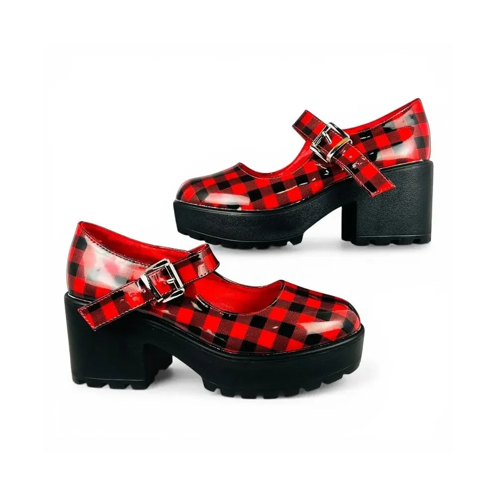 Koi Footwear Red Black Plaid Platform Mary Jane Chunky Lug Heel Size EU 36